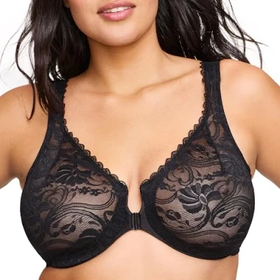 Image of Glamorise Full Figure Plus Size Wonderwire Front Closure Stretch Lace Bra Underwire #9245 Black