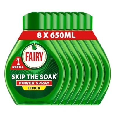 Image of Fairy Skip the Soak Dish Power Spray Refills, Lemon, 8x650ml, Pre Treatment For Dishes &amp; Kitchen, Effective On 100% Kitchen Grease, Anti Grease Remover, Degreaser Spray, Fast Effortless Clean