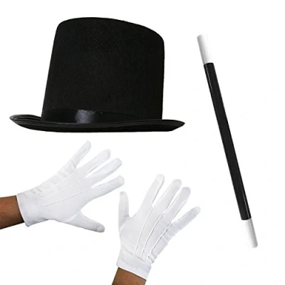 Image of ADULTS 3 PIECE MAGICIAN FANCY DRESS SET BLACK TOP HAT + MAGIC WAND WHITE GLOVES WIZARD ACCESSORY KIT