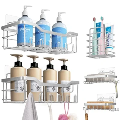 Image of Shower Shelf, No Drilling, Pack of 5 Bathroom Organiser, Silver Grey, Made SUS304 Stainless Steel, Basket,