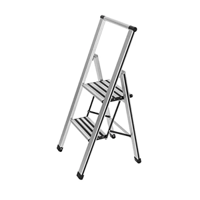 Image of WENKO 601011100 Aluminium Design Folding Stepladder 2 Step Household Ladder, Aluminium, 44 x 101 5.5 cm, Silver matt