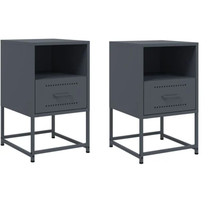 Image of vidaXL Bedside Cabinets Nightstand Side Table Set of 2 Industrial Style, Anthracite, Steel, 36 x 39 60.5 cm
