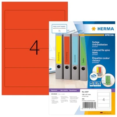Image of HERMA Self Adhesive Spine Labels, 4 Labels per A4 Sheet, 100 Sheets, 192 x 61 mm, 400 Blank Lever Arch File Folder Stickers, Sticky for Laser &amp; Inkjet Printer, Red