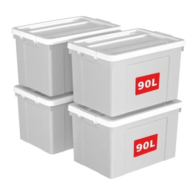 Image of Cetomo 90L*4 Storage Boxes, Plastic Box with Lids, Organizing Container Secure Latching Buckles, Stackable, Nestable, Tote Bin for Home Office Clothes, 90L 4Pack, Gray