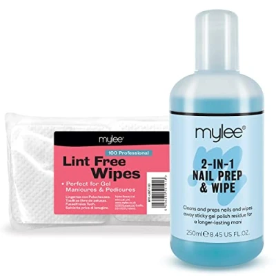 Image of Mylee Gel Prep &amp; Wipe Nail Polish Finishing Residue Cleaner Remover 250ml + 100x Lint Free Wipes Kit, Preparation After Care, UV LED Base Pre Post Wipe, Sanitising Removing Tacky Layer
