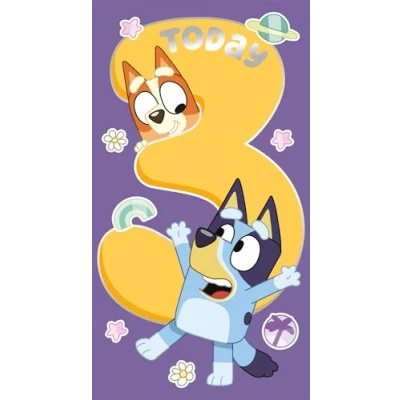 Image of Bluey 3rd Birthday Card, Children&#039;s Cartoon Design, Purple and Yellow