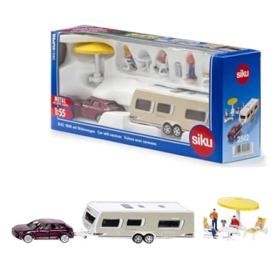 Image of siku 2542, Car with Caravan, 1:55, Metal/Plastic, Multicolour, Incl. figures and camping equipment