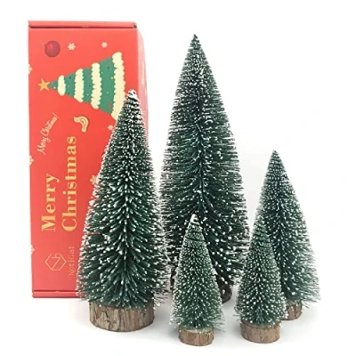 Image of NotiGat Mini Christmas Tree Bottle Brush Trees with Wooden Bases Decorations for Party Table top decer （5pcs）
