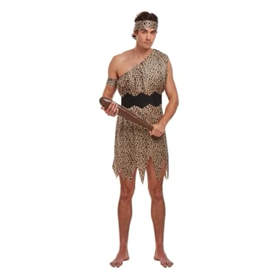 Image of  Henbrandt Adult Men’s Caveman Fancy Dress Stone Age Prehistoric Leopard Print Cave Man Tunic Halloween Outfit with Arm and Head Bands Mens Costume