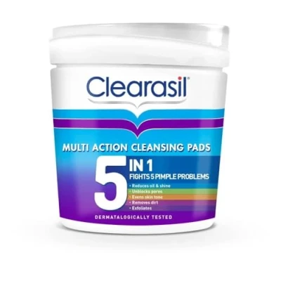 Image of Clearasil 5 in 1 Ultra Cleansing Salicylic Acid Pads, Face Exfoliating for Acne Prone Skin, Unblock Pores, Reduces Blackheads, Pimples &amp; Excess Oil, Everyday Spot Prevention, Pack of 65