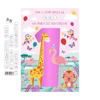 Image of Words &#039;n&#039; Wishes Girls 1st Birthday Card Age 1 Safari Animals, Foil Finish &amp; Personalised Stickers for Granddaughter, Niece, Little Girl, Sister, Daughter or Goddaughter Eco Friendly
