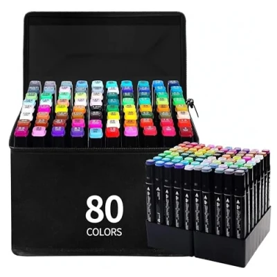 Image of Home Markt24 Alcohol Markers, Double Sided Pens, Set of 80 + Bag High Pigmentation, Waterproof, Durable, Perfect for Artists and Colouring Books
