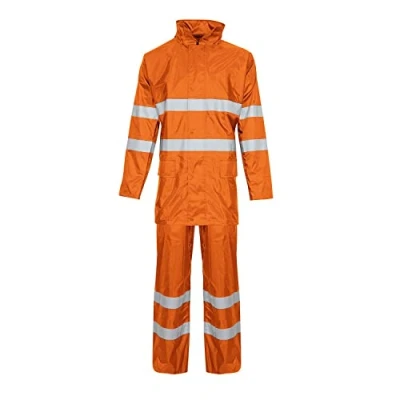 Image of Unisex Hi Vis Viz Plain Rainsuit Jacket Trouser High Visibility Waterproof Hooded Rain Suit 2 Piece Set (Orange (Hi Vis), M)