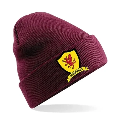 Image of Somerset County Mens Embroidered Beanie Hat, Bob Hat Cricket Sport Your Embroidery (Maroon)