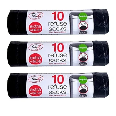 Image of TidyZ 10 x Extra Strong Swing Bin Liners with Tie Handles Refuse Sacks Black 50 Litres 94 120cm (30 Bags)
