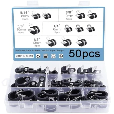 Image of WiMas Stainless Steel Rubber Pipe Clamps, P Clips Hose Clamps Assortment Kit, 5 Size, 50 Pack