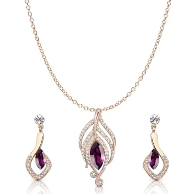 Image of Crystalline Azuria Women 18ct Rose Gold Plated Simulated Amethyst Crystals Set Pendant Necklace 17.7 inches Dangle Earrings