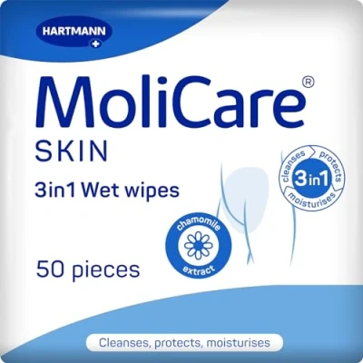 Image of MoliCare skin 3in1 Wet wipes for Adults, fresh body wash cleaning, protecting and moisturizing also suitable intimate area stressed by incontinence, 50 Pieces