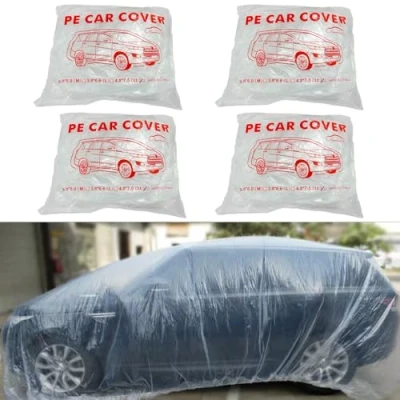 Image of Bocarmo 4 Packs Disposable Car Cover Clear Plastic Universal Rain Dust Garage with Elastic Band Medium (15.7FT x 24.6FT)