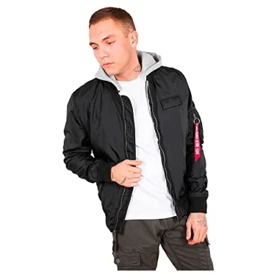 Image of Alpha Industries Men&#039;s MA 1 TT Hood Bomber Jacket, Black, L
