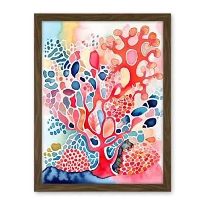 Image of Artery8 Pink And Blue Coral Folk Art Watercolour Painting Artwork Framed Wall Print 18X24 Inch