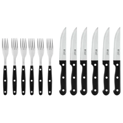 Image of Russell Hobbs RH000431 12 Piece Cutlery Set Tableware Service for 6, Steak Knives and Forks with Stainless Steel Blades, Serrated Knife Set, Sharp Meat Knives, Ergonomic Handles, Black