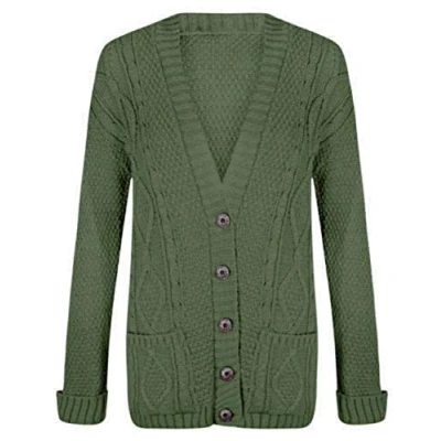 Image of WearAll Womens Cable Knitted Button Cardigan Long Sleeve Ladies Boyfriend Top Khaki 20 22
