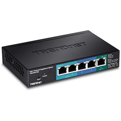Image of TRENDnet 5 Port Gigabit PoE+ Powered EdgeSmart Switch with PoE Pass Through, 1 x Input, 2 Output, Gigabit, 18W Budget, Managed Switch, Wall Mountable, TPE P521ES
