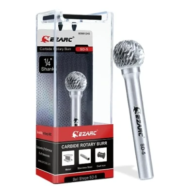 Image of EZARC Tungsten Carbide Rotary Burr Bit, SD 5 Ball Double Cut 1/4&quot; Shank Die Grinder Cutting Burrs Bit for Metal Working &amp; Sturdy Storage Case