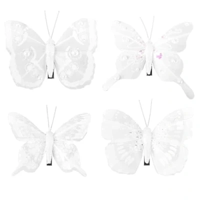Image of Christmas 8 Pack White Clip on Feather Butterflies with Glitter Tree Decoration