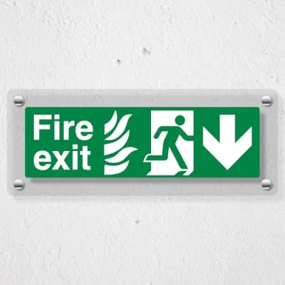 Image of V Safety NHS Fire Exit Arrow Down 450 x 150 mm Acrylic Perspex Cast Clear Sign