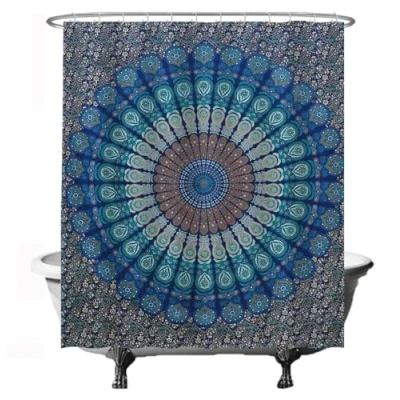 Image of Ulticool Shower Curtain Mandala Blue 180 x 200 cm Washable Anti Mould Waterproof with 12 Rings