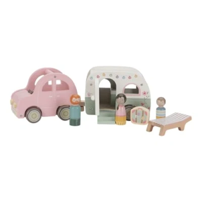 Image of Little Dutch 8022 FSC Wooden Car with Caravan, Toy Figures and Accessories, 10 Piece Set, Pink