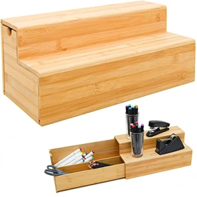 Image of DuneDesign Bamboo Organiser with Drawer 36x17x16 Wooden Box for Bathroom Kitchen Office Desk