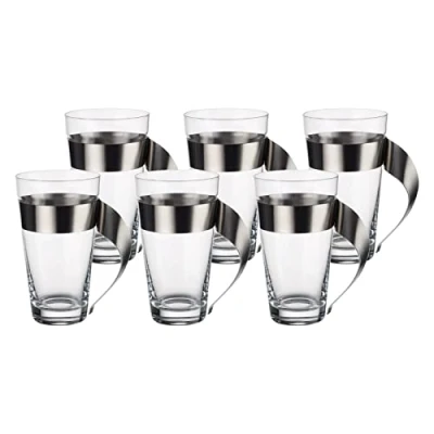 Image of Villeroy und Boch NewWave Latte Macchiato Glass, 500 ml, Set of 6, 15 cm, Trendy Design, Crystal Stainless Steel, Dishwasher Safe