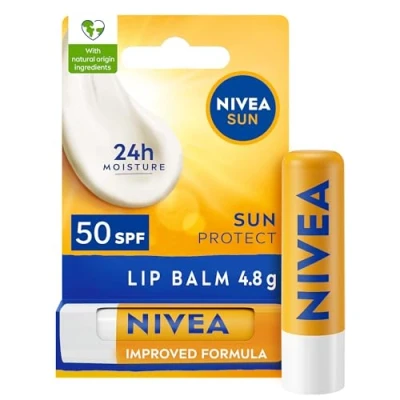 Image of NIVEA SUN Protect Caring Lip Balm SPF50 (5.5ml), Factor 50 with Shea Butter, Protection Against UVA/UVB Rays 24H Moisture, Care, No White Cast