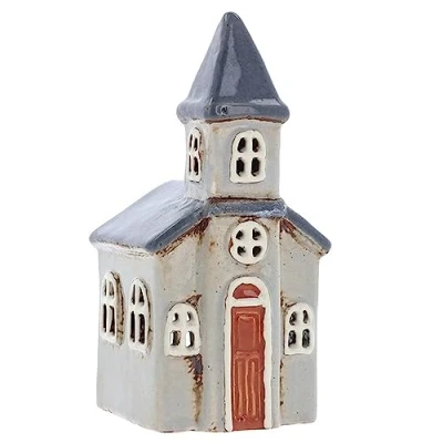 Image of Shudehill Giftware Village Pottery Small Church Tealight Holder Light Grey/Dark Grey 330990