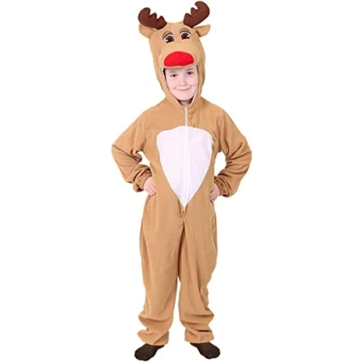 Image of Childs Reindeer Christmas Costume X Small All in One Jumpsuit with Rudolph Hood Xmas Santa&#039;s Helper Rudolf the Red Nosed Fancy Dress