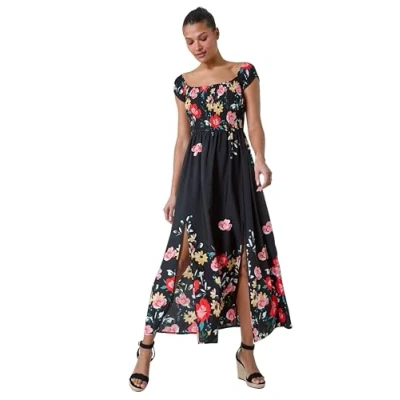 Image of Roman Originals Bardot Dress for Women UK Ladies Shirred Chest Off Shoulder Cold Maxi Midi Summer Beach Holiday Sleeveless Garden Cocktail Party Elasticated Black Red Size 20