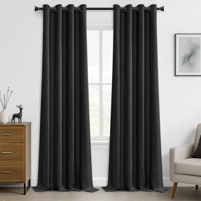 Image of MRTREES Opaque Curtains, Thermal Curtains with Eyelets, Blackout Curtain, Eyelet Short Modern 245 x 140 cm (H W), Black, Set of 2 for Hotels, Offices, Living Room, Bedroom