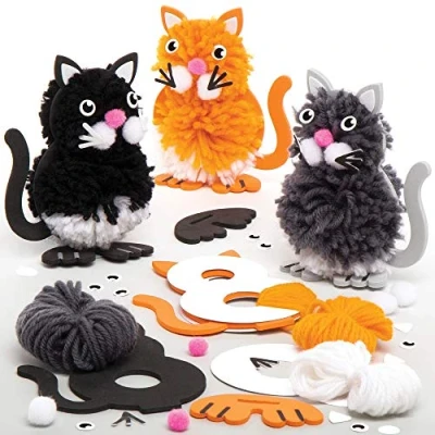Image of Baker Ross AT837 Cat Pom Kits Pack of 3, Creative Art and Craft Supplies for Kids to Make