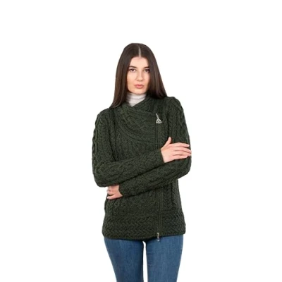 Image of SAOL Irish Cardigan for Women Made of 100% Merino Wool Ireland Sweater Cable Knit Zip Jacket, Army Green, XS