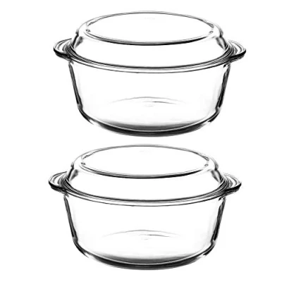Image of 2X Borcam Large Round Glass Casserole Oven Dish Non Stick Cooking Bake