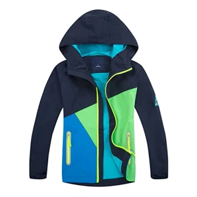 Image of YoungSoul Boys Girls Colorblocked Raincoat Lightweight Outdoor Waterproof Jacket with Hood Dark Blue 5 6 Years (manufacturers&#039;s size: 120)