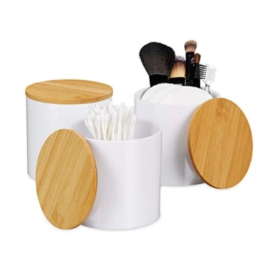 Image of Relaxdays Buds Storage Set of 3 Cotton Pad Holder Lid Easy Care Acrylic &amp; Bamboo White Transparent