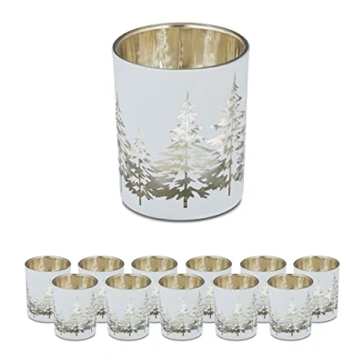 Image of Relaxdays Set of 12 Tealight Holders, with Christmas Tree Design, HxDiam.: 8.5 x 7 cm, Votive Candle Glass, White/Gold