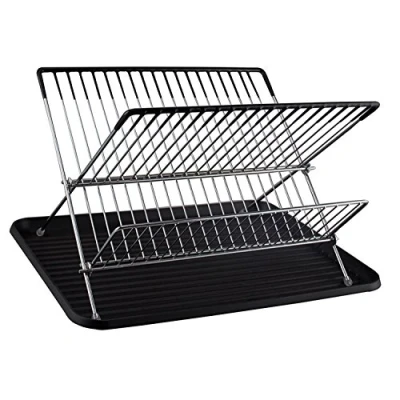 Image of CookSpace Folding 2 Tier Chrome Plated Dish Drainer Drying Rack with Black Plastic Drip Tray