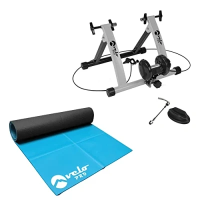 Image of Velo Pro Turbo Trainer and Exercise Mat Bundle Variable Resistance Magnetic Indoor Bike for Road &amp; Mountain Bicycles Stationary Stand Real Feel 26&quot; 28&quot; Wheels Grey
