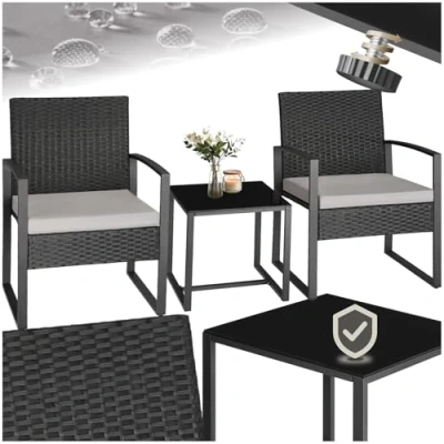 Image of TecTake® Comfortable 3 Piece Rattan Bistro Set, Durable Steel Frame, 2 Chairs and 1 Table with Glass Top, Easy Assembly, for Garden, Patio, Balcony light grey/black
