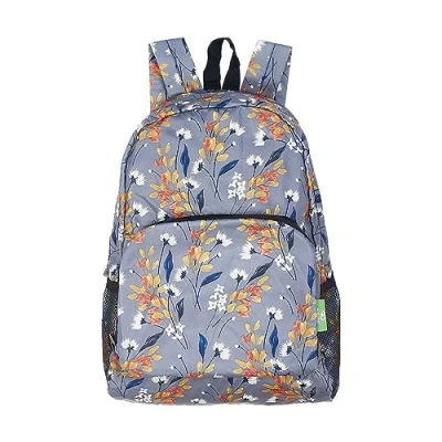 Image of ECO CHIC Lightweight Foldable Water Resistant Backpack Rucksack Folds into Pouch for Storage (Flowers Grey)